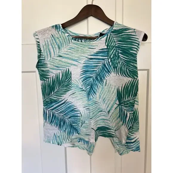 Tahari Women's Linen Top Medium Button Back Palm Leaves - Picture 1 of 6